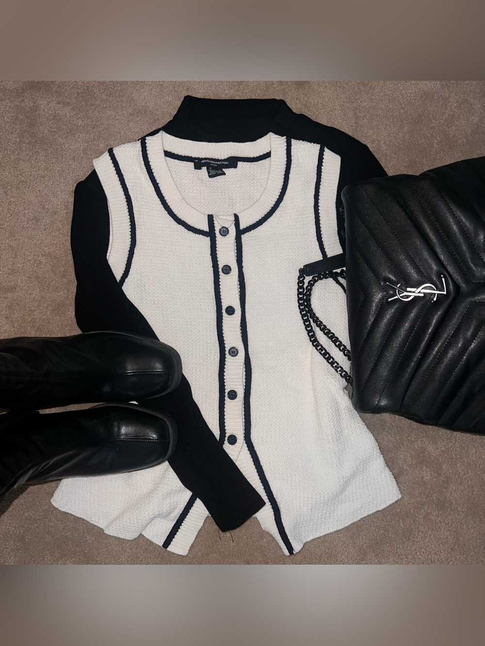 French Connection White Sleeveless Knit Cardigan with Black Trim
